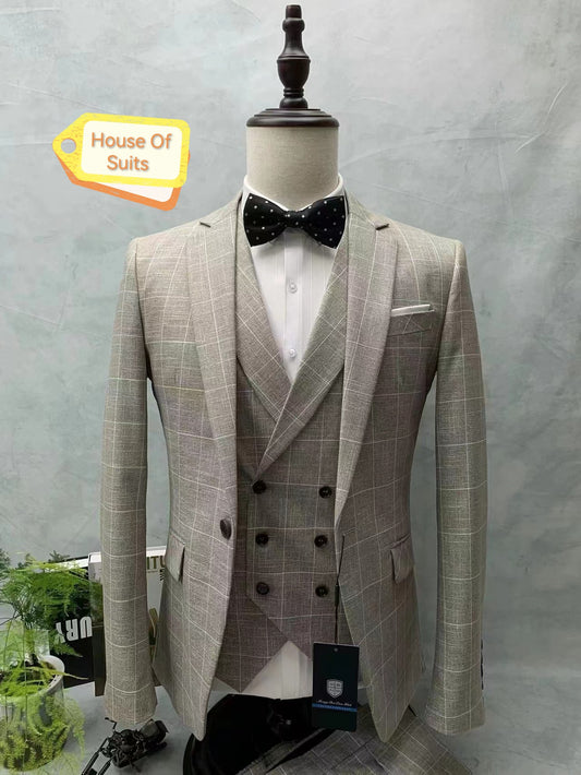 1-Button , 3-Piece Slim Fit Brown Check Suit