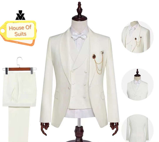 3-Piece, 1-Button White Slim Fit Shawl Lapel Vest & Jacket