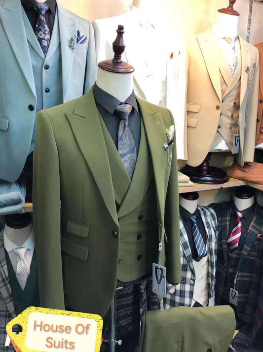 1-Button , 3-piece Peak Lapel Slim Fit, Green Party Suit