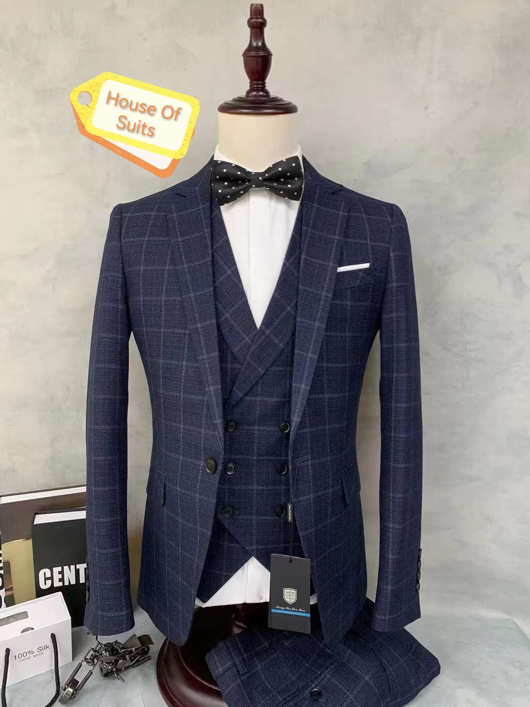 1-Button , 3-Piece Check Dark Blue Slim Fit Classic Suit