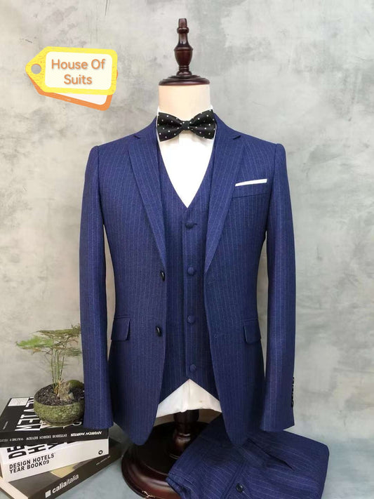 1-Button , 3-Piece Navy Slim Fit Navy Blue Suit With Faint Stripes