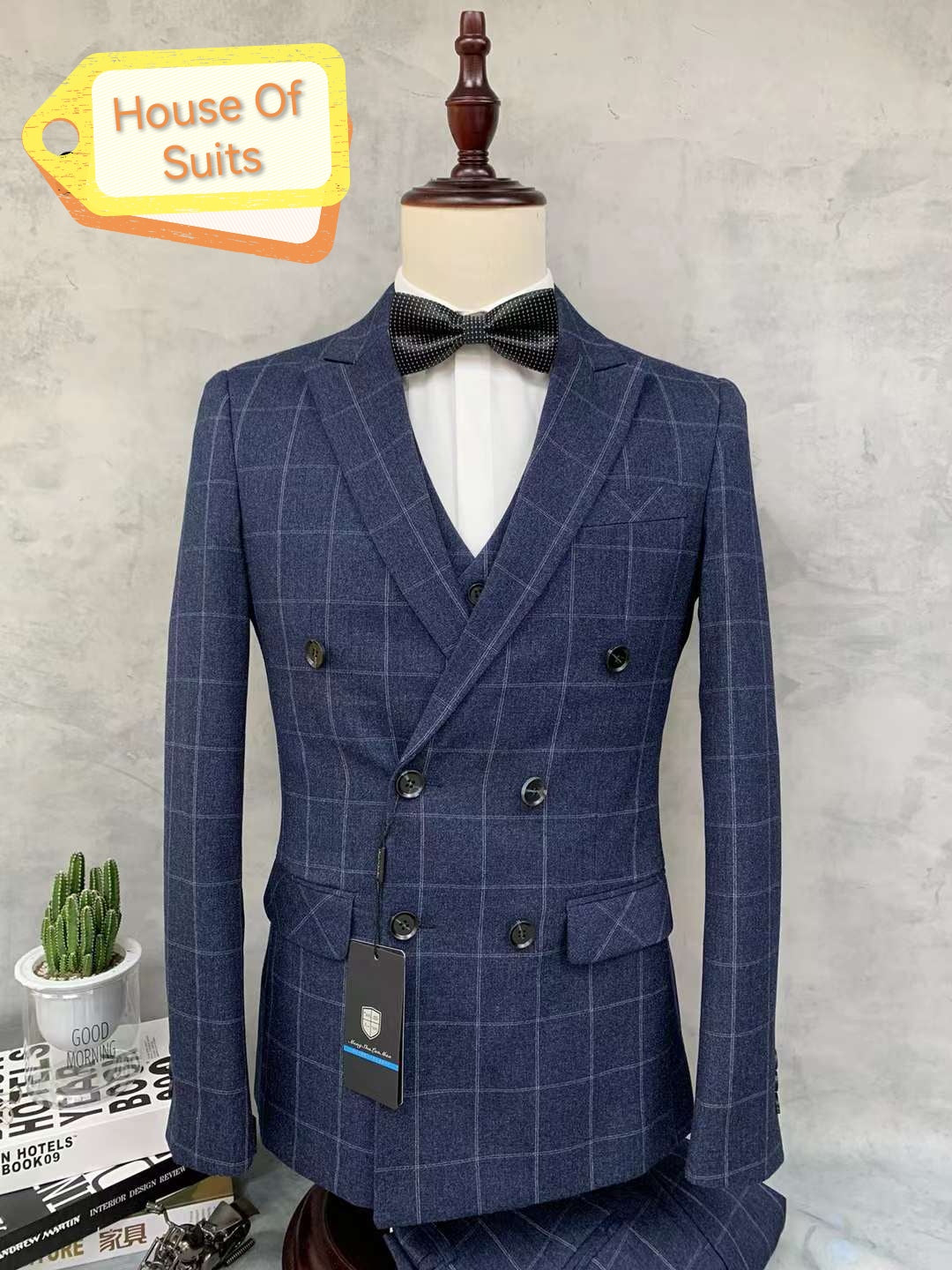 3-Piece Double Breasted Slim Fit Dark Blue Check Suit