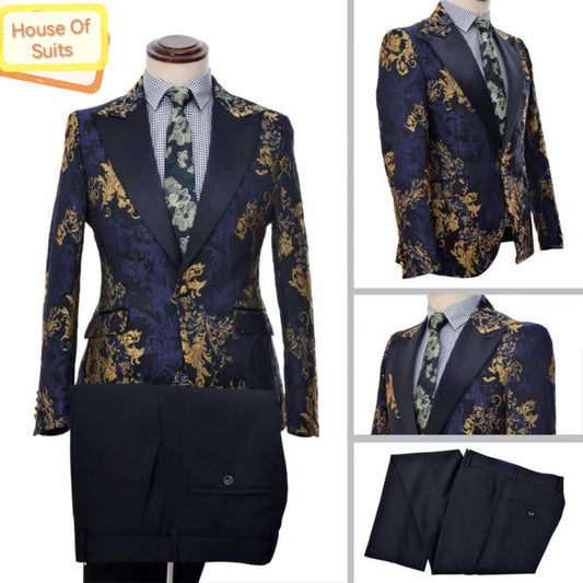 2-Piece 1-Button Gold Floral Slim Fit Mix To Match Tuxedo