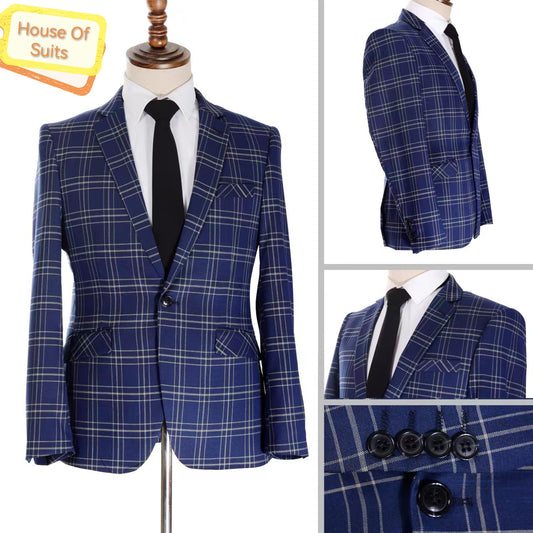 1-Button 2-Split Slim Fit Dark Blue Check Blazer