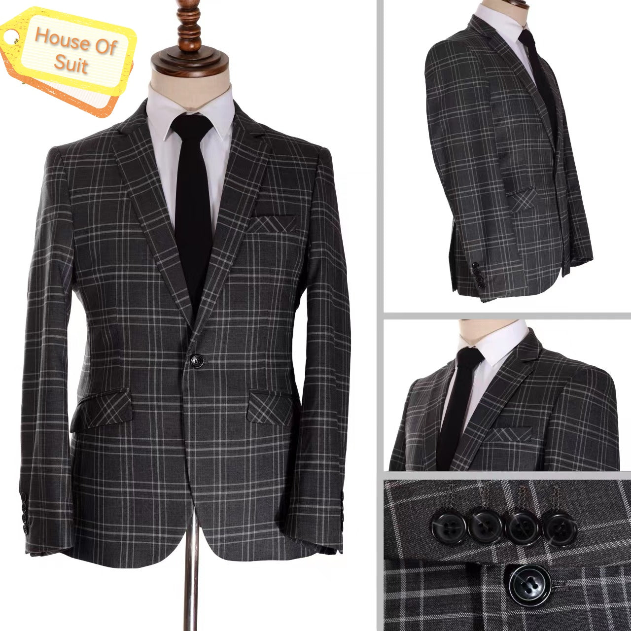 1-Button 2-Split Slim Fit Dark Gray Check Blazer