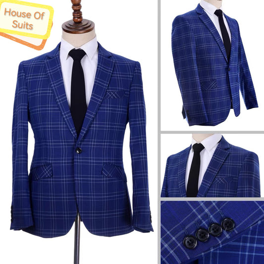 1-Button 2-Split Slim Fit Blue Check Blazer