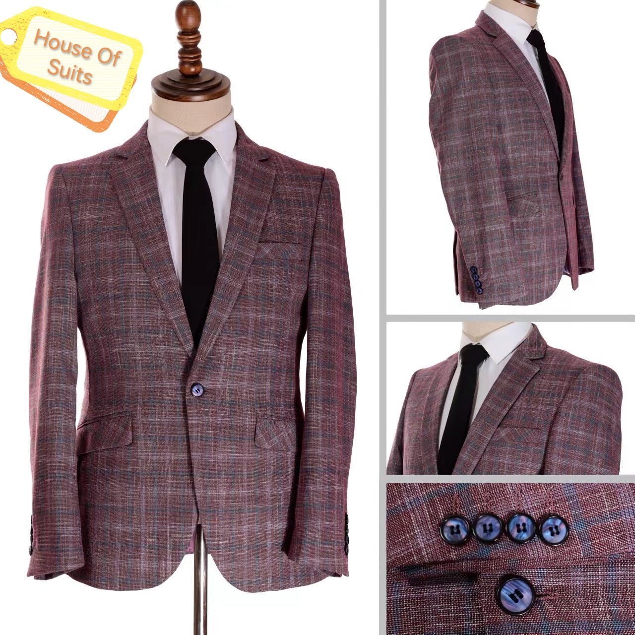 1-Button 2-Split Slim Fit Maroon Check Blazer