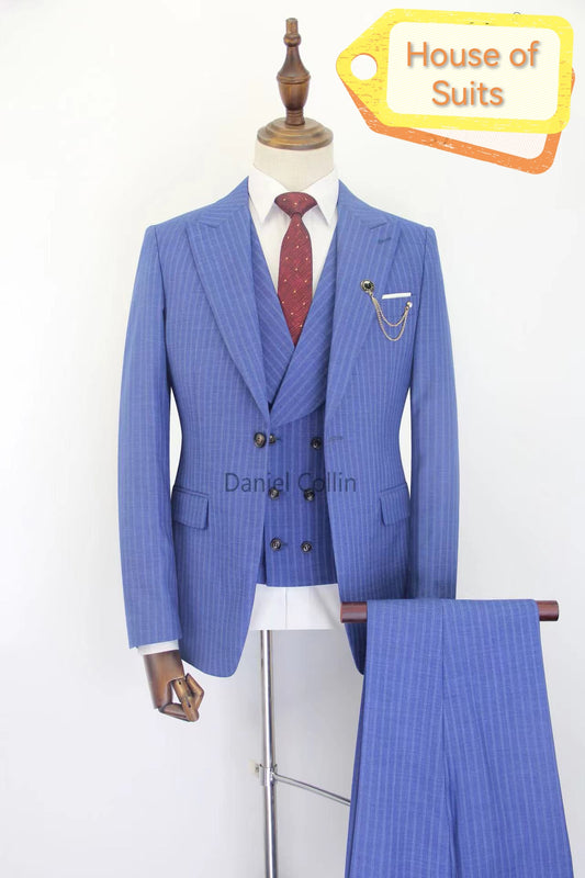 3-Piece , 1-Button Classic Slim Fit Peak Lapel Blue Suit With Faint Stripes