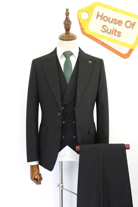 3-Piece , 1-Button Classic Slim Fit Peak Lapel Black Suit