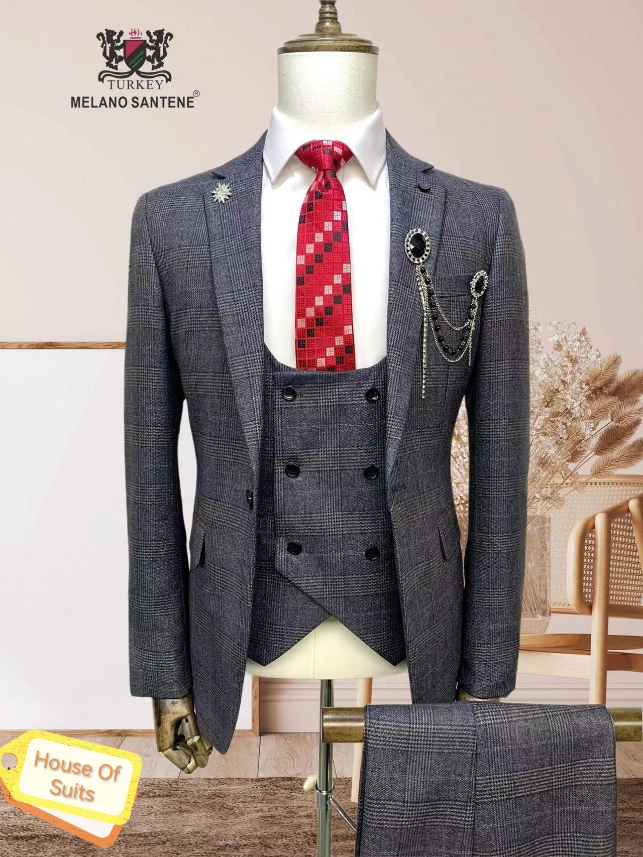 3-Piece 1-Button Slim Fit Notch Lapel Gray Faint Check Suit