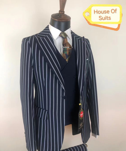 3-Piece 1-Button Slim Fit Peak Lapel Dark Blue Suit With Visible Stripes