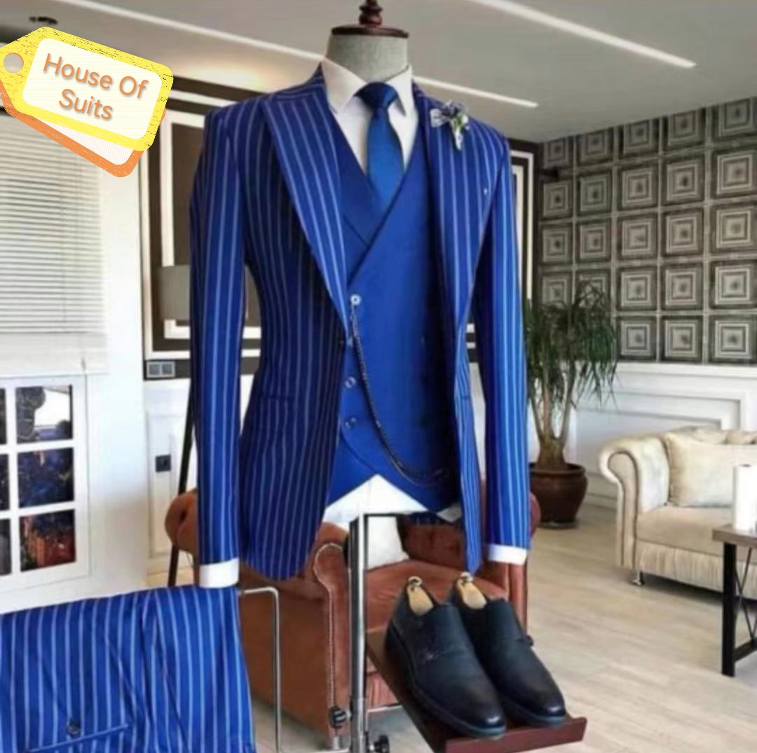 3-Piece 1-Button Slim Fit Peak Lapel Blue Suit With White Stripes