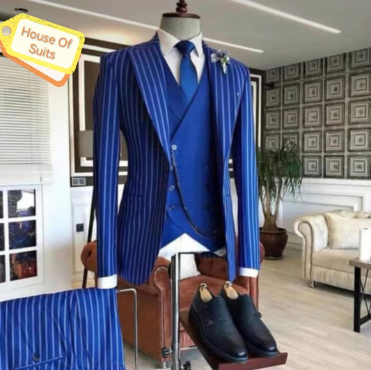 3-Piece 1-Button Slim Fit Peak Lapel Blue Suit With White Stripes