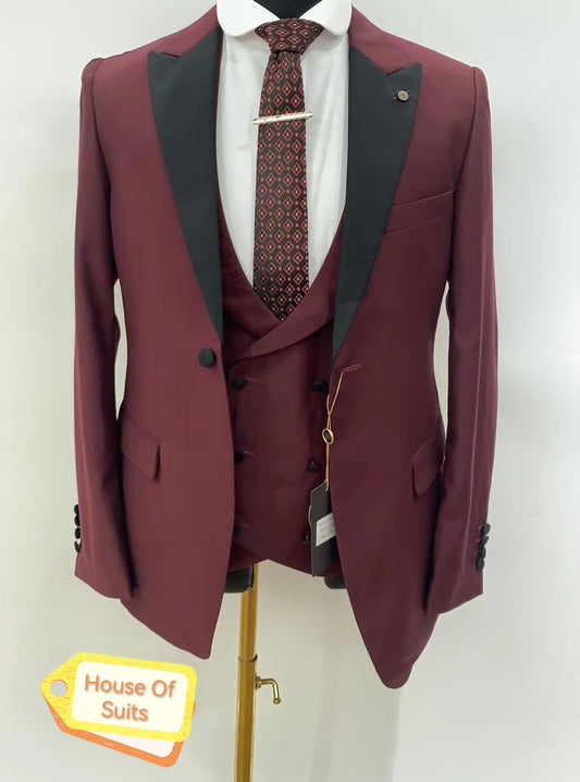 1-Button, 3-Piece Slim Fit Mix Match Peak Lapel Maroon Tuxedo