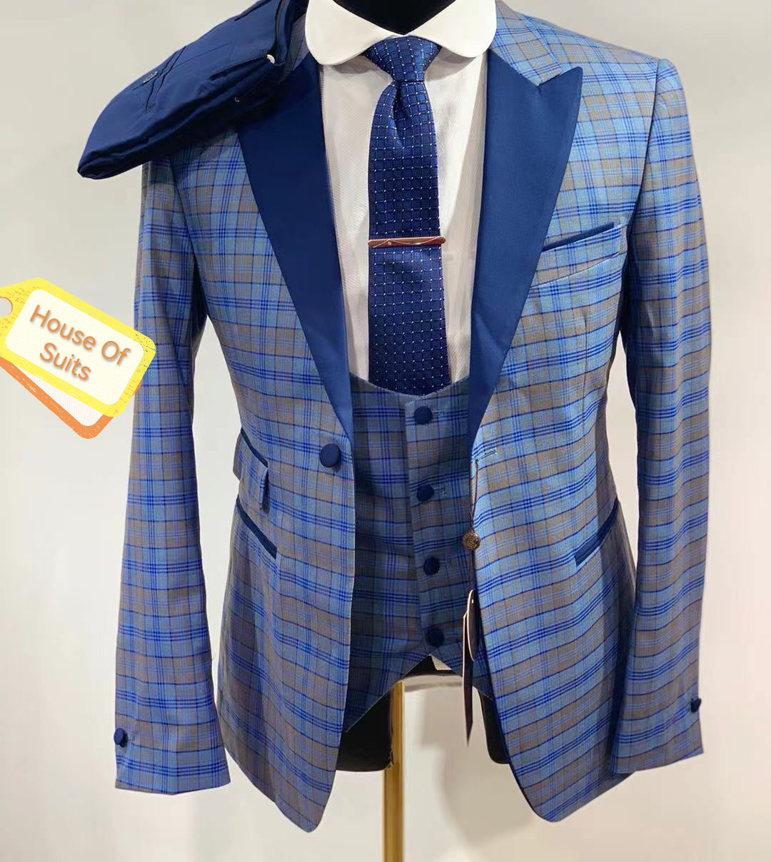 1-Button 3-Piece Mix To Match Check Blue , Peak Lapel Tuxedo