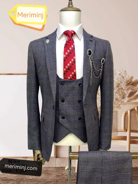 1-Button , 3-Piece Gray Check Slim Fit Classic Suit